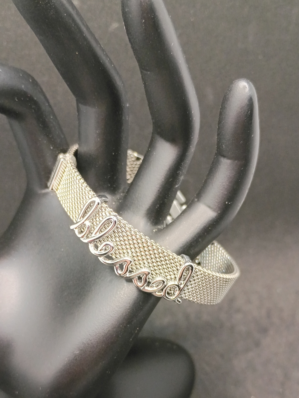Silver Mesh 'Blessed' Script Bracelet